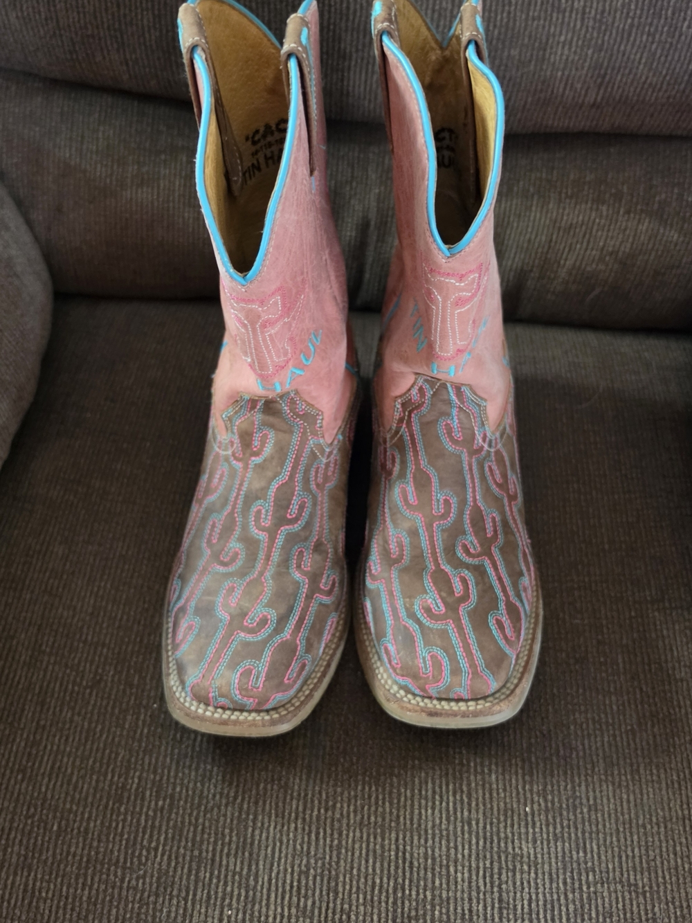 Tin Haul Pink & Brown Cactus Stitch Western Boots with Turquoise Trim